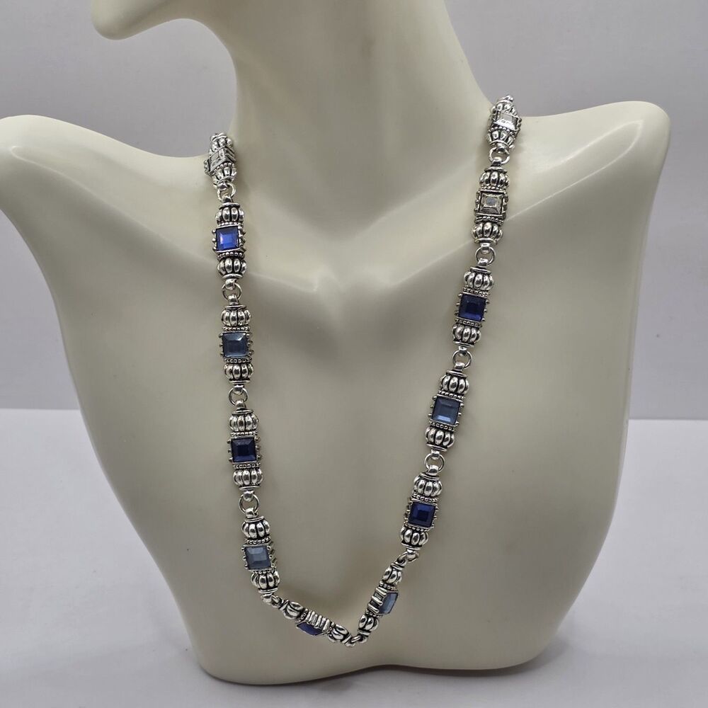 Nina Ricci Vintage Avon NR Silvertone\Blue Link Necklace 16" + 2 1/2"